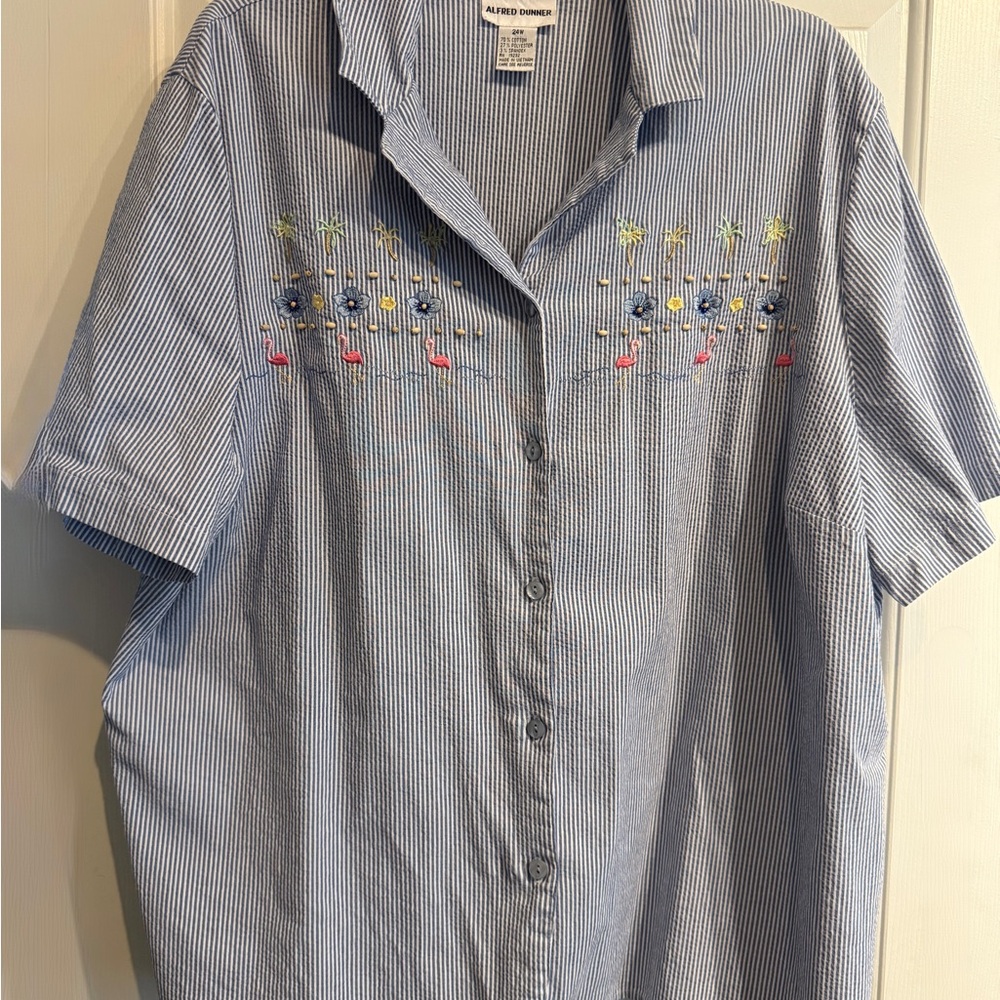 Alfred Dunner Blue Embroidered Button Down Shirt